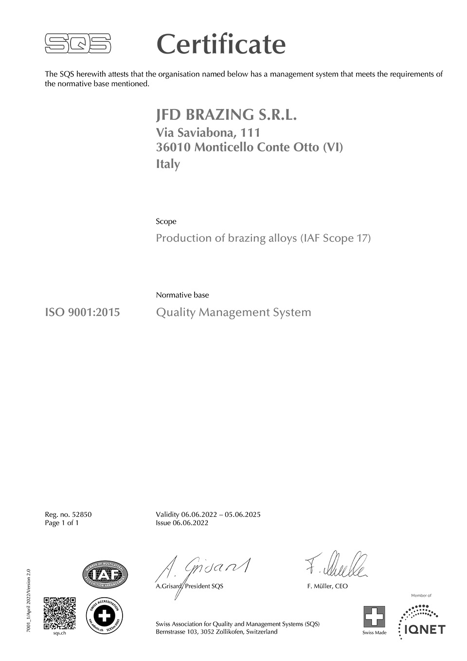 Certificates JFD Brazing